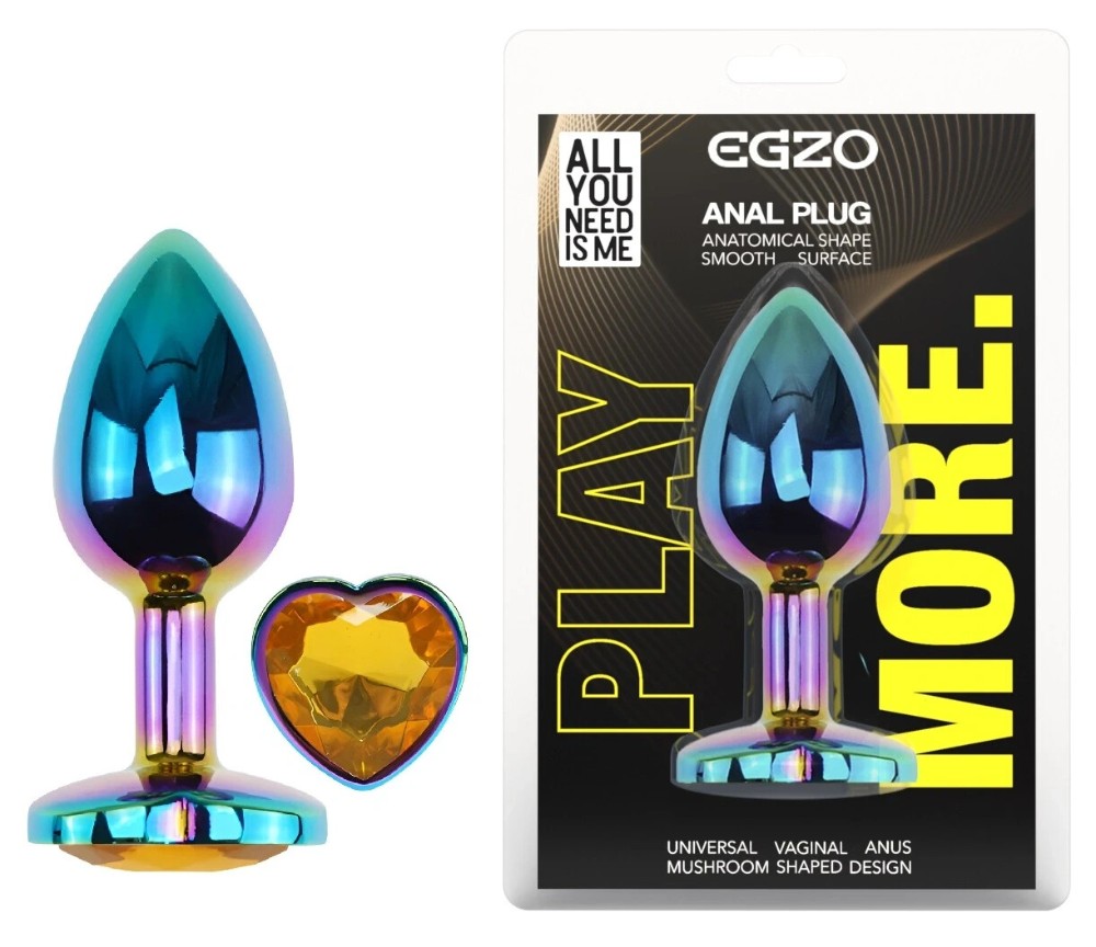 Анальная пробка EGZO Multicolor Heart Plug Yellow S с кристаллом, радужная металлическая - зображення 1