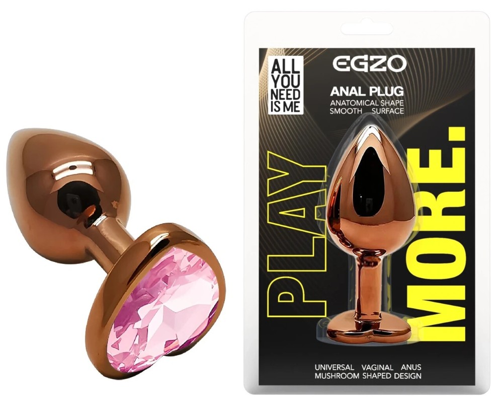 Анальная пробка EGZO Dark Gold Heart Plug Pink S с розовым кристаллом, металлическая - зображення 1