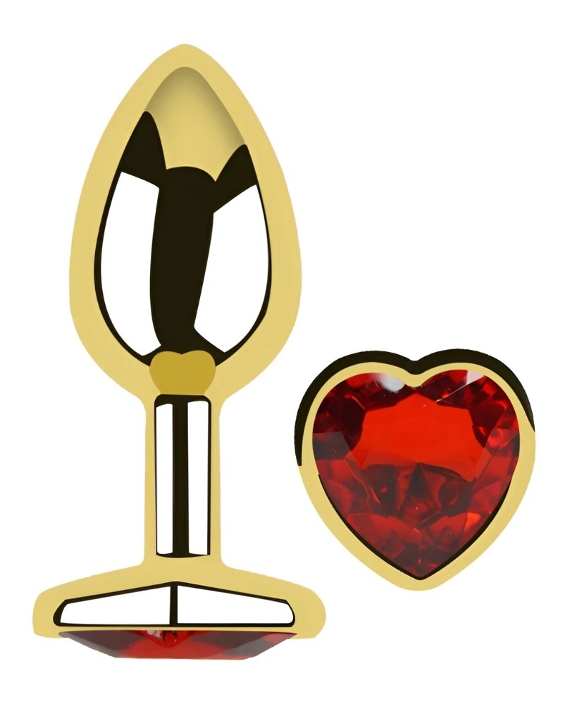 Анальная пробка EGZO Gold Heart Plug M с красным кристаллом, металл, 82 мм - зображення 1