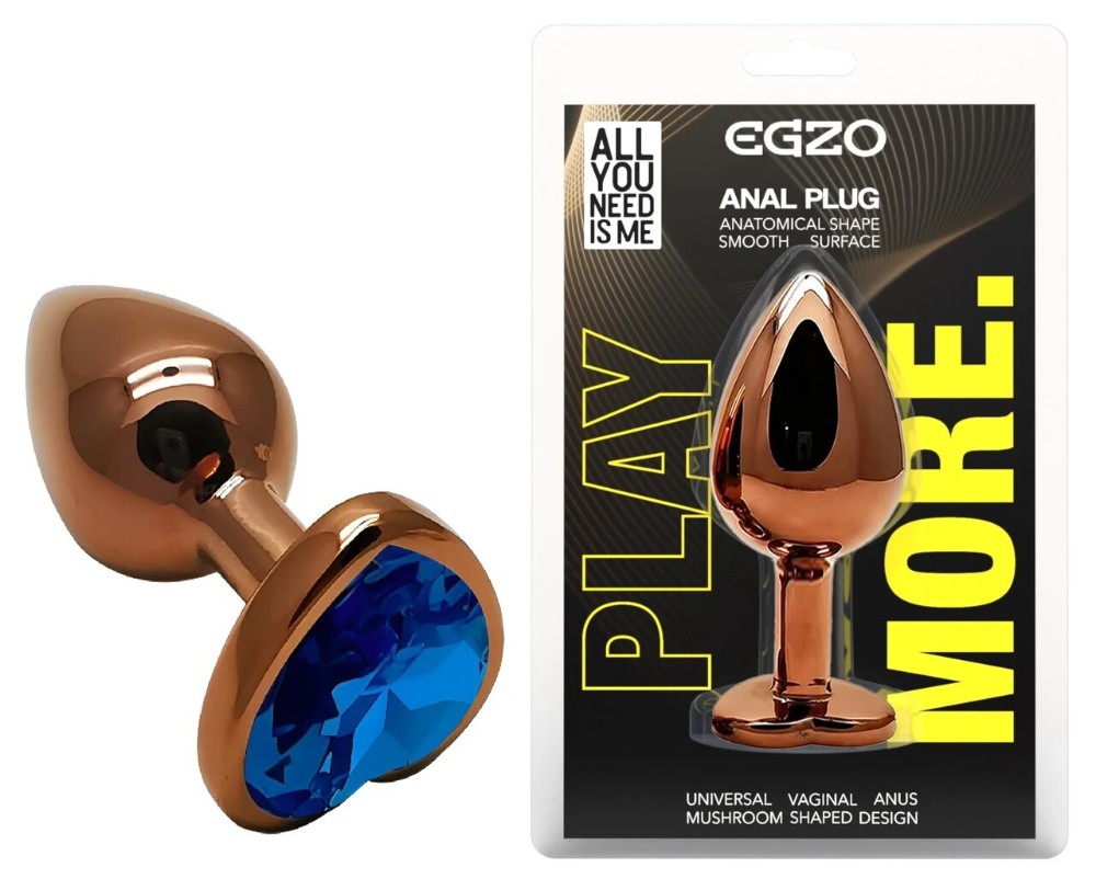 Анальная пробка EGZO Dark Gold Heart Plug S с синим кристаллом, металлическая - зображення 1