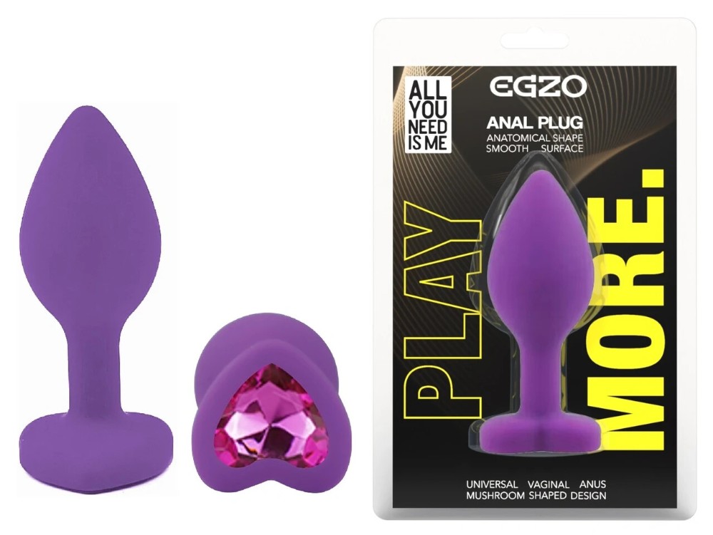 Анальная пробка EGZO Silicone Violet Heart Plug S, фиолетовая, с красным кристаллом - зображення 1