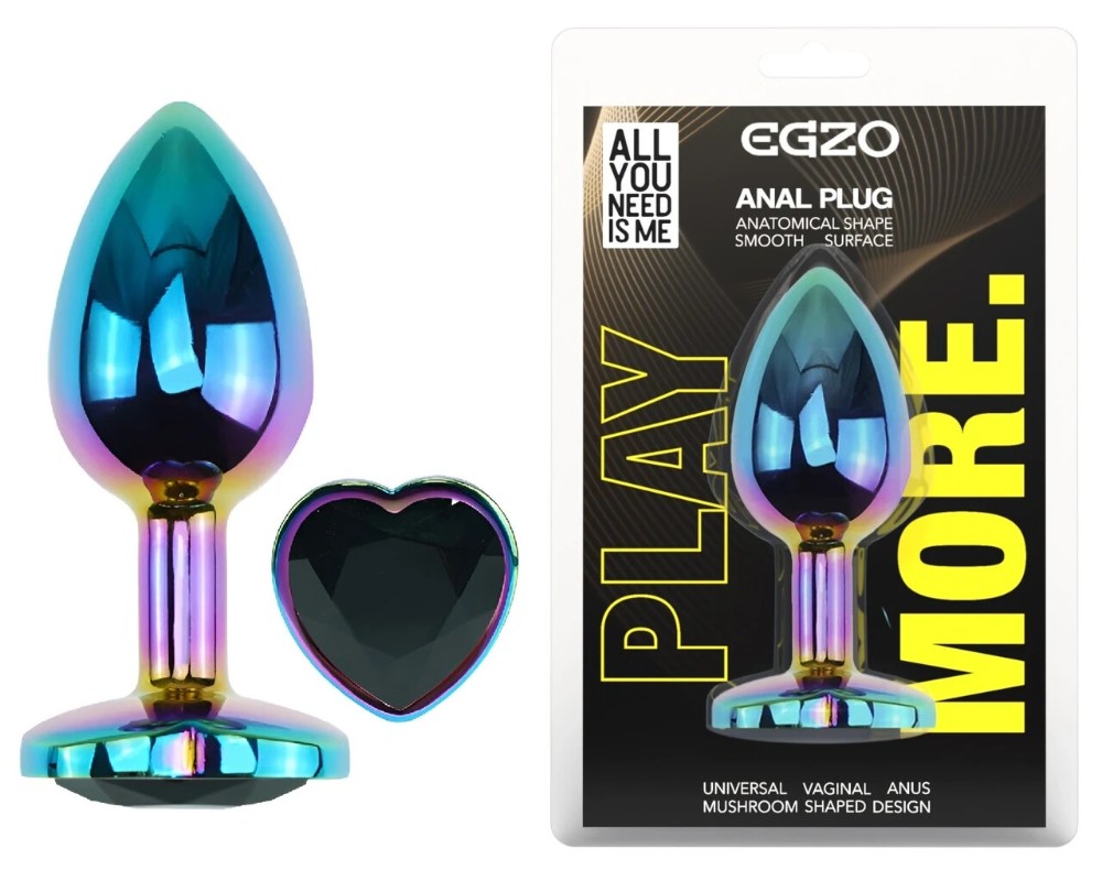Анальная пробка EGZO Multicolor Heart Plug Black M, металлическая с крупным кристаллом - зображення 1