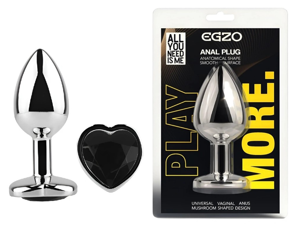 Анальная пробка EGZO Silver Heart Plug Black M, металлическая анатомическая с кристаллом - зображення 1