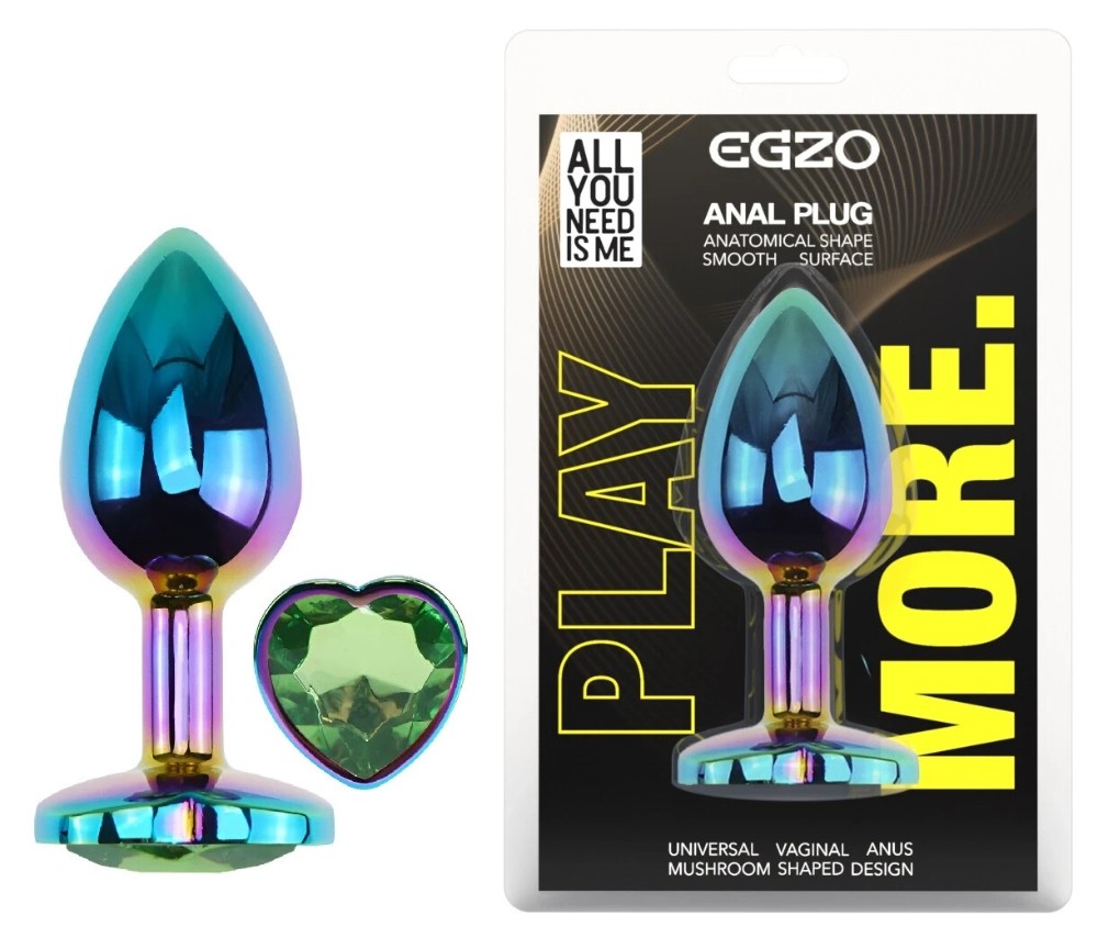 Анальная пробка EGZO Multicolor Heart Plug S из стали, с кристаллом, анатомической формы, 7 см - зображення 1