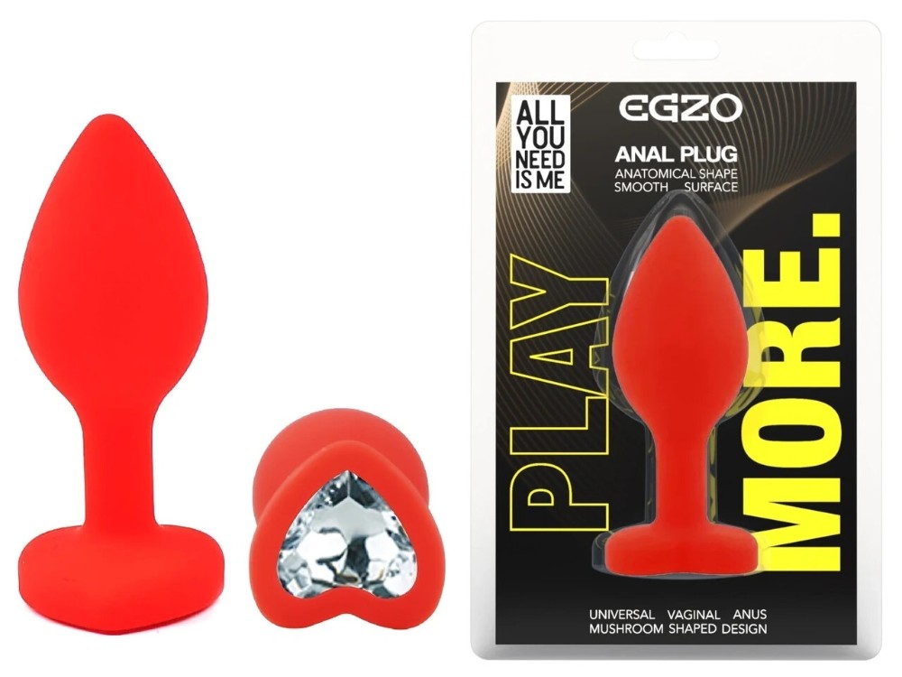 Анальная пробка EGZO Red Heart Plug S с голубым кристаллом, красная силиконовая - зображення 1