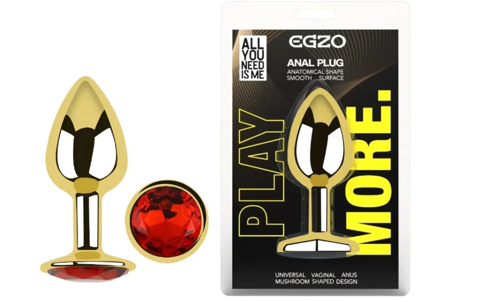 Анальная пробка с кристаллом EGZO - Gold Round Plug Red size S - зображення 1