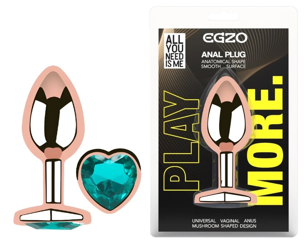 Анальная пробка EGZO Rose Gold Heart Plug S с бирюзовым кристаллом, металлическая - зображення 1
