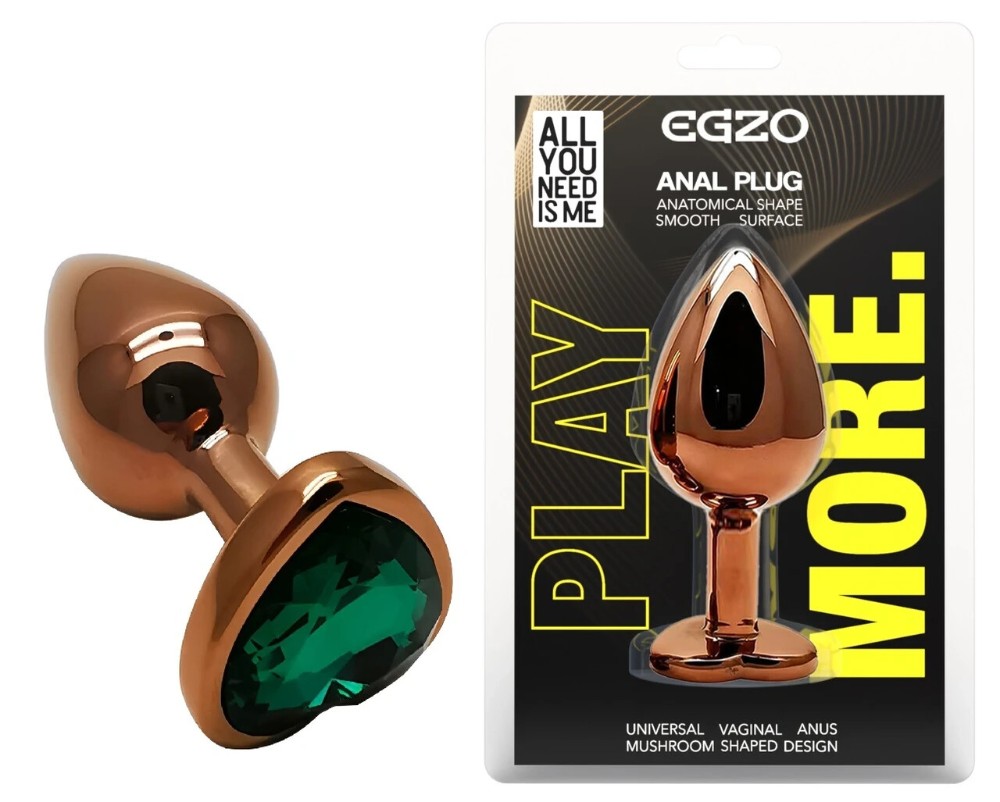 Анальная пробка EGZO Dark Gold Heart Plug Marine S с кристаллом, металлическая золотая - зображення 1