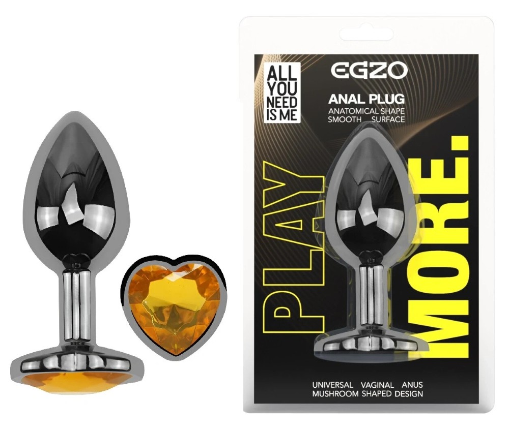 Анальная пробка EGZO Dark Silver Heart Plug S с жёлтым кристаллом, нержавеющая сталь, 70 мм - зображення 1