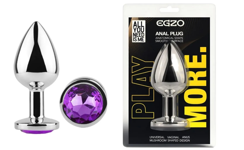 Анальная пробка с кристаллом EGZO - Silver Round Plug Purple size M - зображення 1