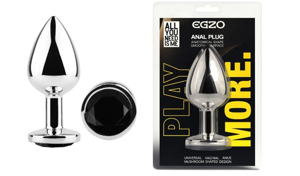 Анальная пробка с кристаллом EGZO - Silver Round Plug Black size M - зображення 1