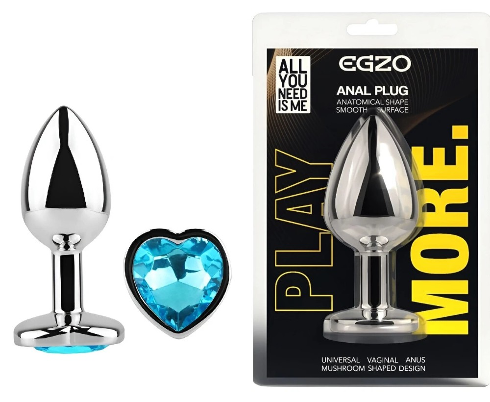 Анальный плаг EGZO Silver Heart Plug S из нержавеющей стали с крупным голубым кристаллом - зображення 1