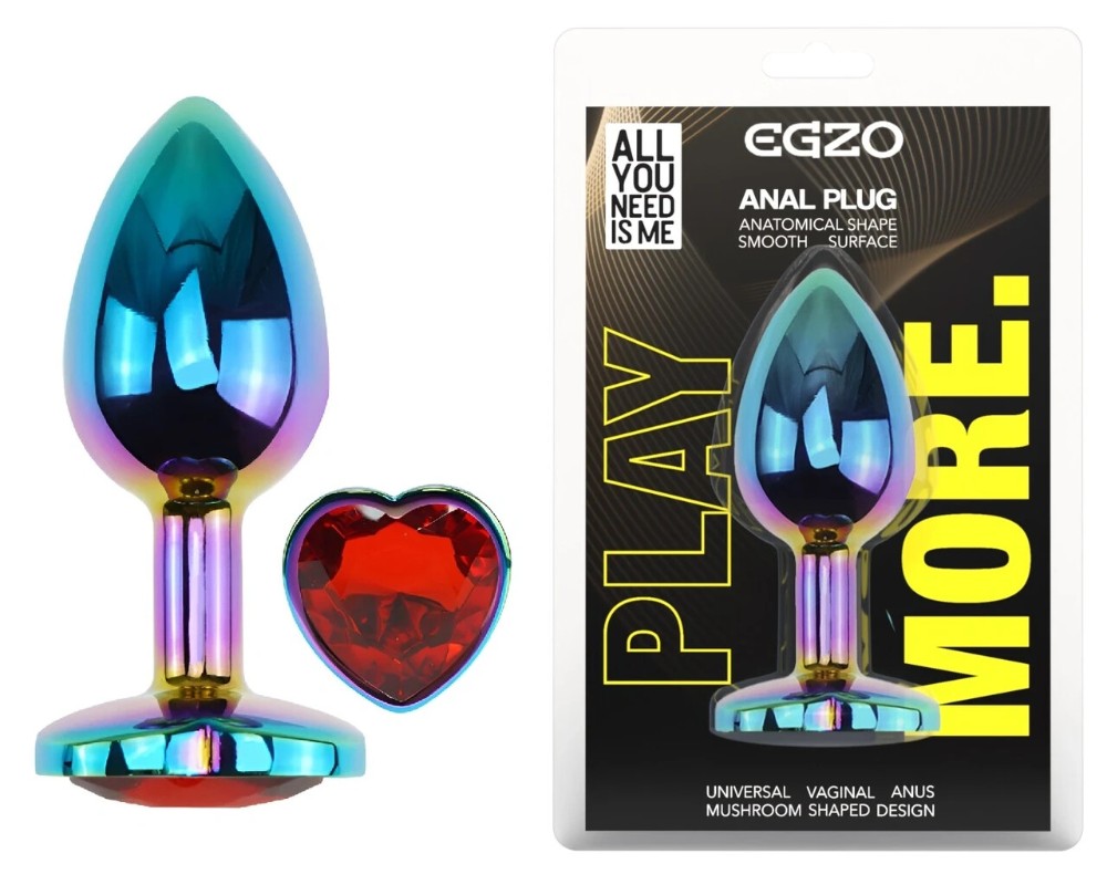 Анальная пробка EGZO Multicolor Heart Plug M с красным кристаллом, стальная, радужная - зображення 1