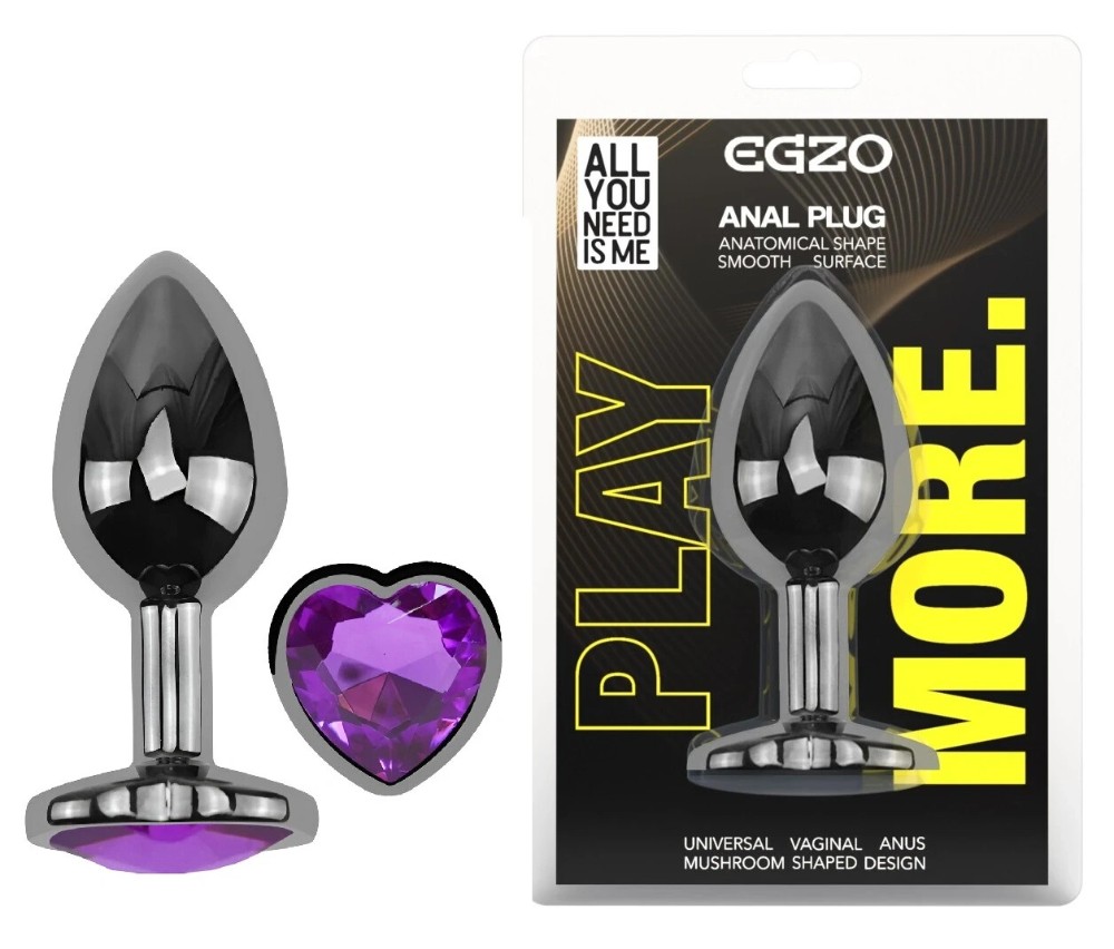 Анальная пробка EGZO Dark Silver Heart Plug S с фиолетовым кристаллом, металлическая - зображення 1