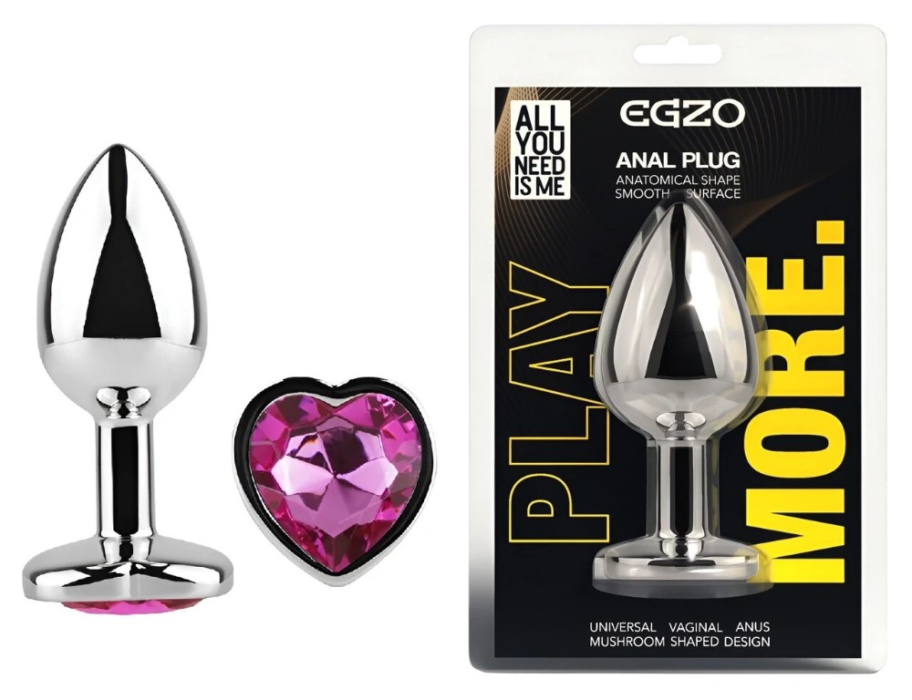 Анальная пробка EGZO Silver Heart Plug Rose M, металлическая с розовым кристаллом - зображення 1
