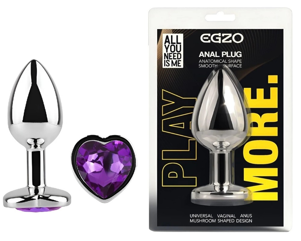 Анальная пробка EGZO Silver Heart Plug серебристая с фиолетовым кристаллом в форме сердца, размер S - зображення 1