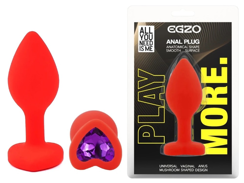 Анальная пробка EGZO Red Heart Plug из силикона с кристаллом-сердцем, красная, 7,1 см - зображення 1