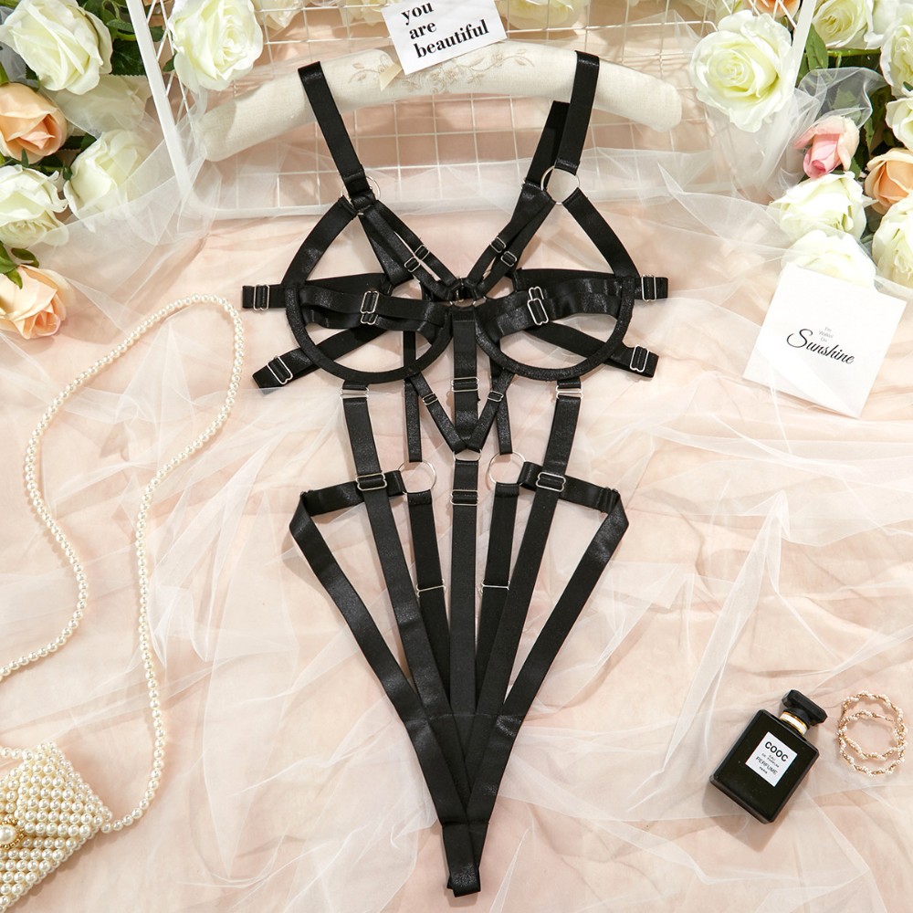 Эротический открытый боди с ремнями "Aisha", black S - зображення 1