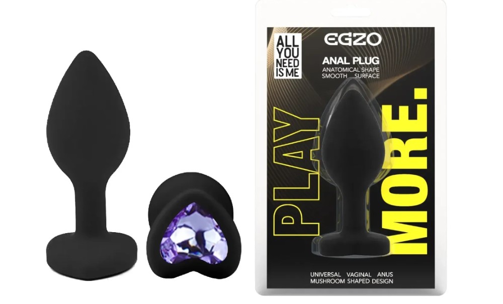 Силиконовая анальная пробка EGZO - Silicone Black Heart Plug Amethyst, size S - зображення 1