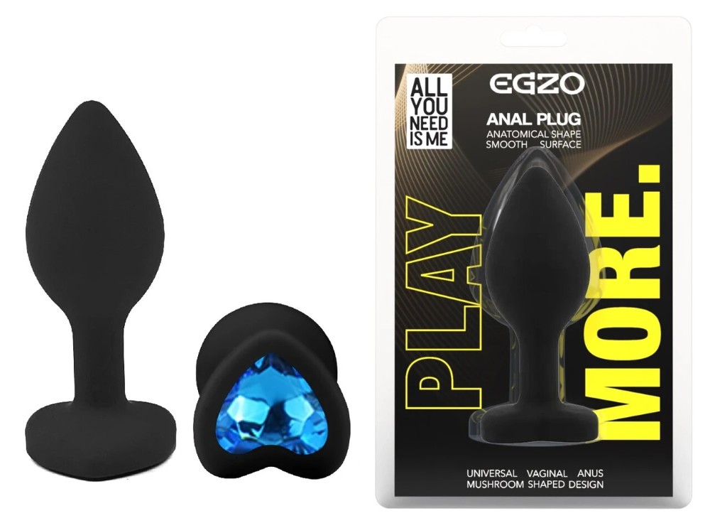 Анальная пробка EGZO Silicone Black Heart Plug S с синим кристаллом, медицинский силикон - зображення 1