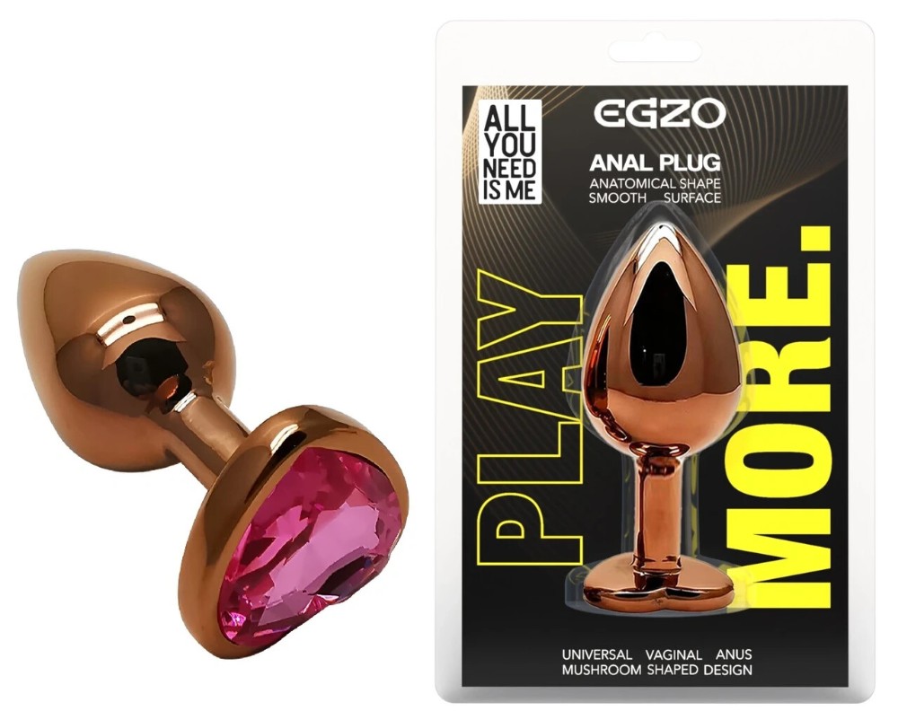 Анальная пробка EGZO Dark Gold Heart Plug Rose S, металлическая с розовым кристаллом - зображення 1
