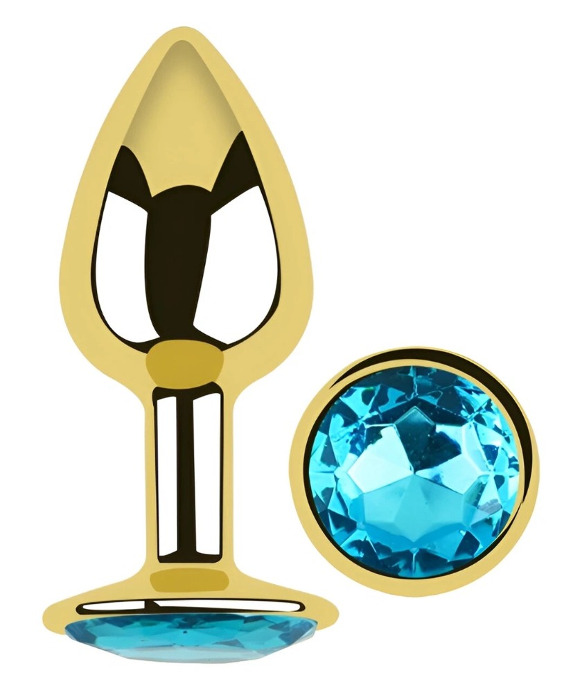 Анальная пробка EGZO Gold Round Plug Aqua S с голубым кристаллом, золотистая - зображення 1