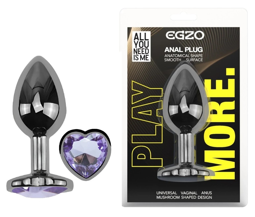 Анальная пробка EGZO Dark Silver Heart Plug с фиолетовым аметистом, размер S - зображення 1