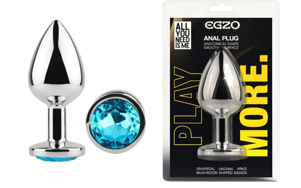 Анальная пробка с кристаллом EGZO - Silver Round Plug Aqua size M - зображення 1