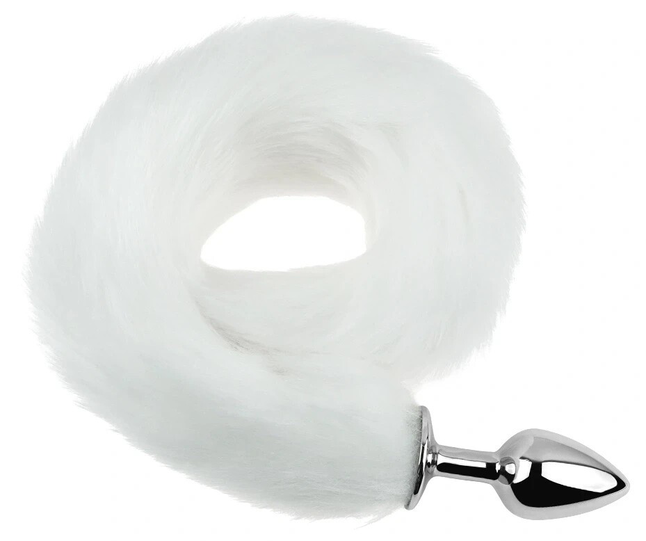 Анальная пробка EGZO Fox Tail Silver Plug White, размер S, с белым меховым хвостом - зображення 1