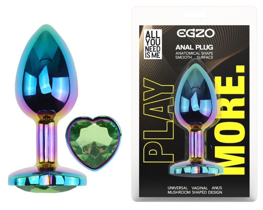 Анальная пробка EGZO Multicolor Heart Plug M с зеленым кристаллом, радужная - зображення 1