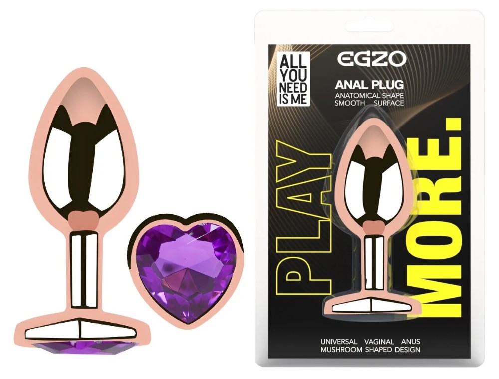Анальная пробка EGZO Rose Gold Heart с фиолетовым кристаллом, металлическая, размер M - зображення 1