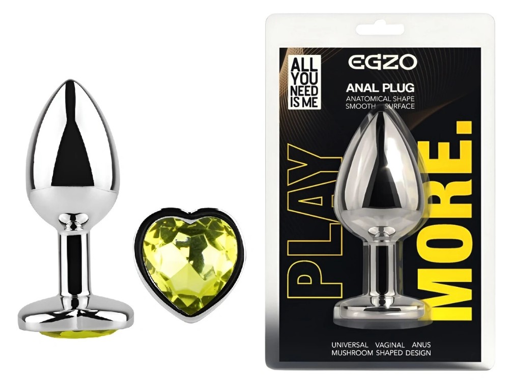 Анальная пробка EGZO Silver Heart Plug M с лаймовым кристаллом, медицинская сталь - зображення 1