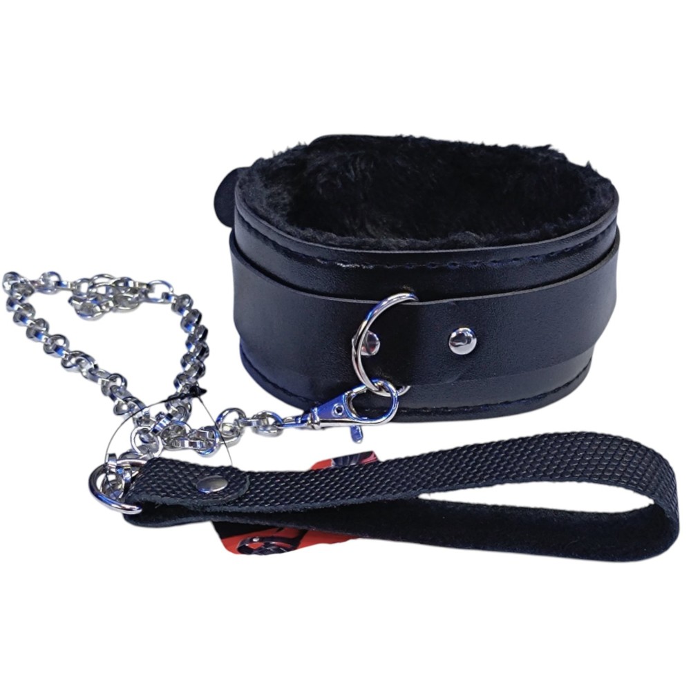 Мягкий черный ошейник "Love leash" с цепочкой-поводком и черным держателем  Экокожа-металл - зображення 1