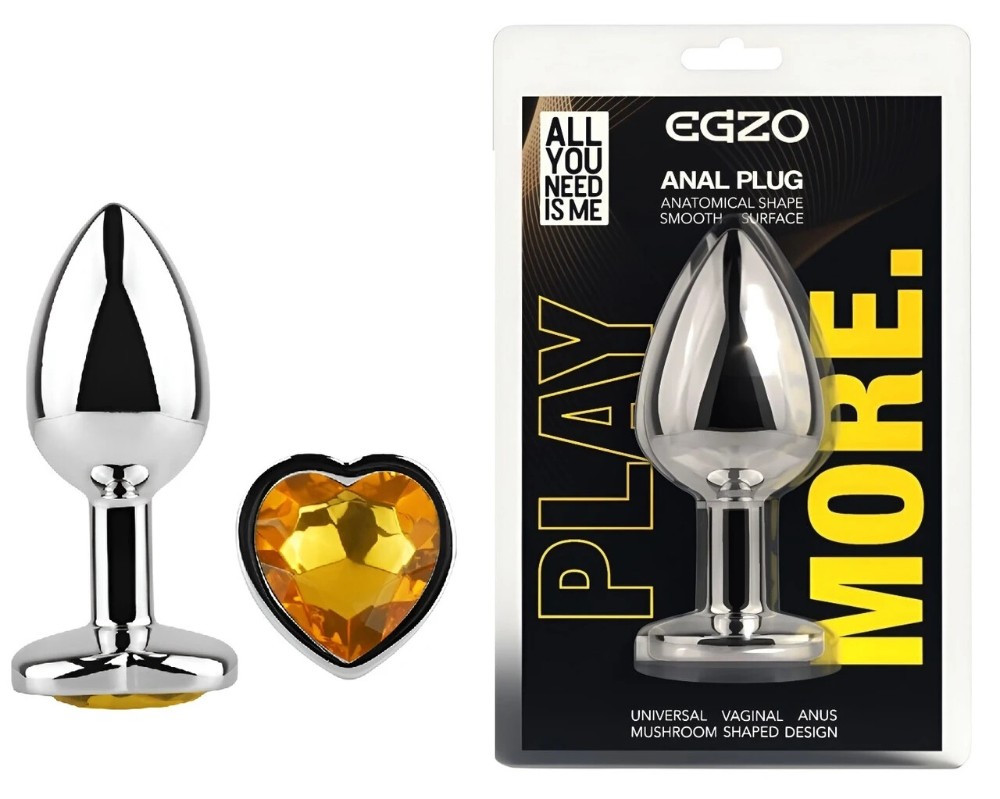Анальная пробка EGZO Silver Heart Plug Yellow S с желтым кристаллом, металлическая - зображення 1