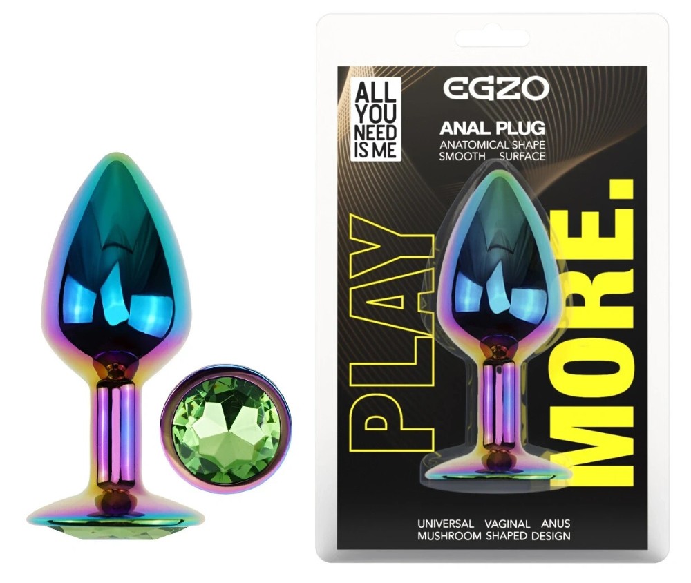 Анальная пробка EGZO Multicolor S с зеленым кристаллом, из нержавеющей стали, круглая основа - зображення 1