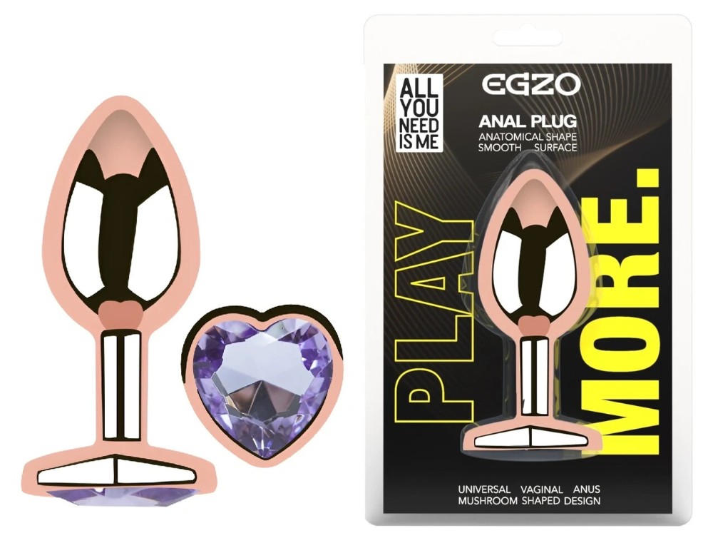 Анальная пробка EGZO Rose Gold Heart Plug M с аметистом, анатомическая, розовое золото - зображення 1