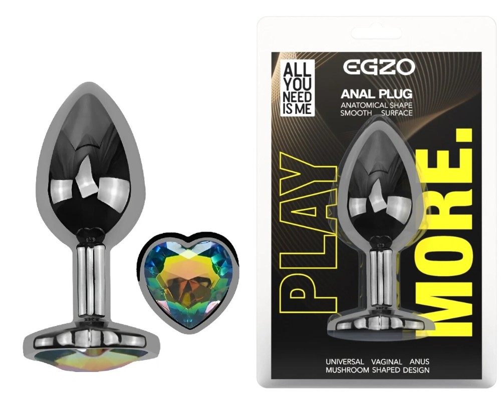Анальная пробка EGZO Dark Silver Heart Plug Rainbow с кристаллом, металлическая, размер M - зображення 1