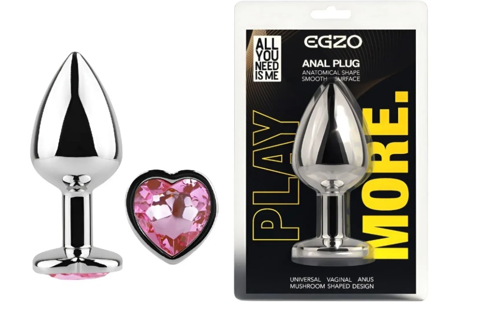 Анальная пробка с кристаллом EGZO - Silver Heart Plug Pink size M - зображення 1