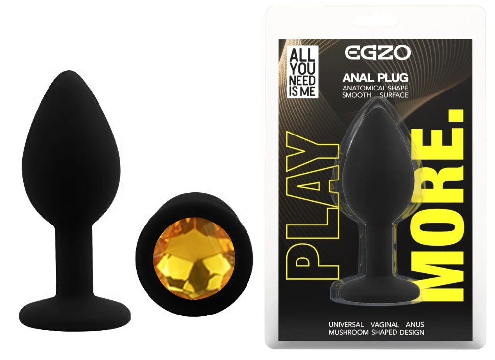 Анальная пробка силиконовая EGZO Silicone Round Plug S черная с золотым кристаллом - зображення 1