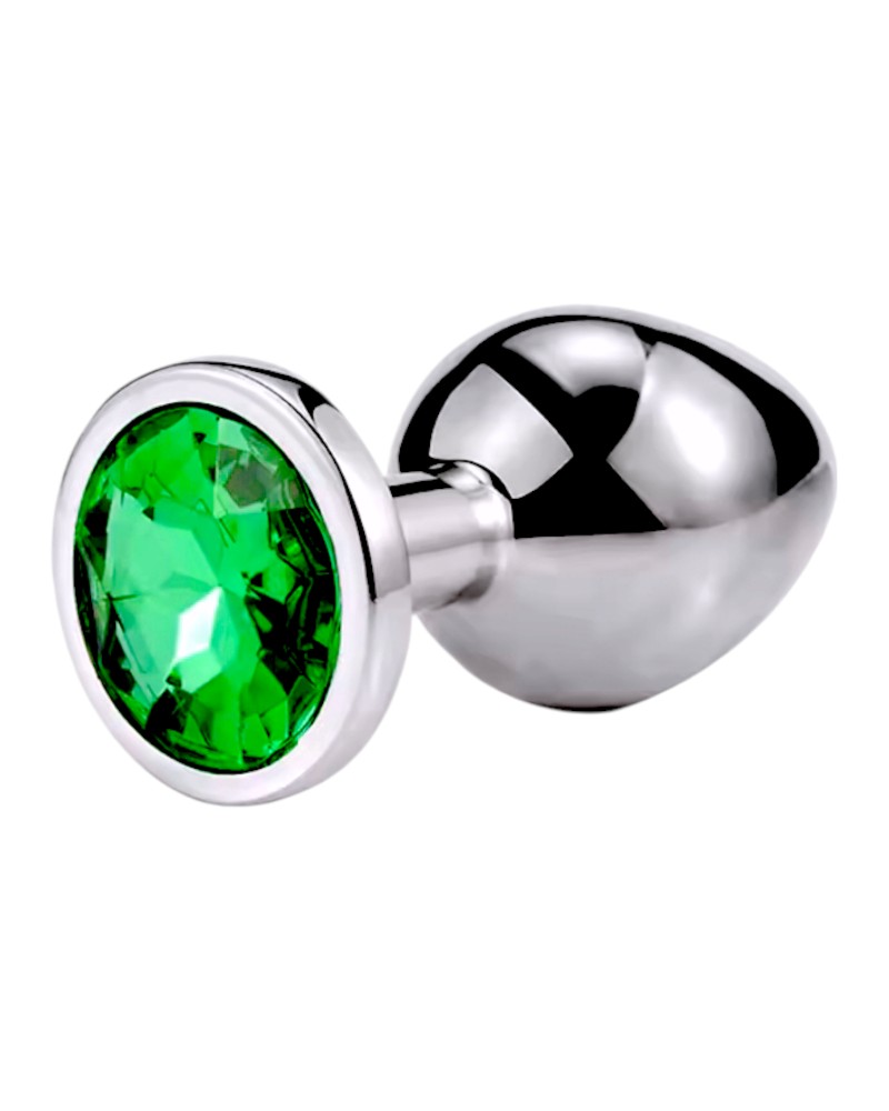 Металлическая анальная пробка Silver, green crystal, размер М - зображення 1