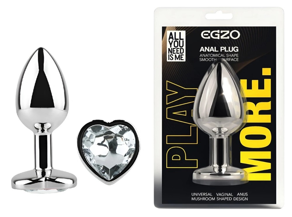 Анальная пробка EGZO Silver Heart Plug Clear M из серебристого металла, анатомическая - зображення 1