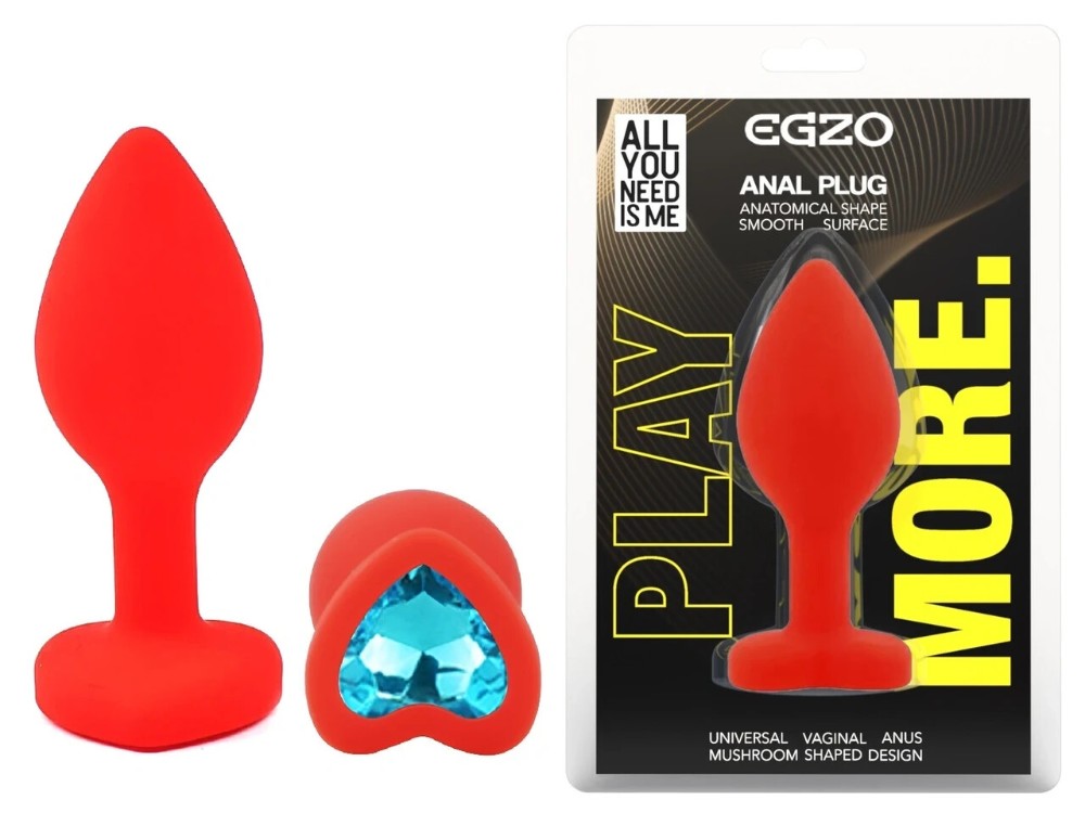 Анальная пробка EGZO Red Heart Plug S с кристаллом, анатомическая, красная силиконовая - зображення 1