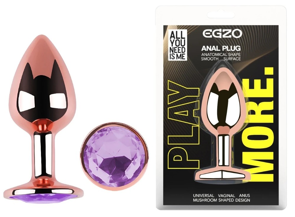 Анальная пробка EGZO Rose Gold с аметистом, анатомическая форма, нержавеющая сталь, размер M - зображення 1