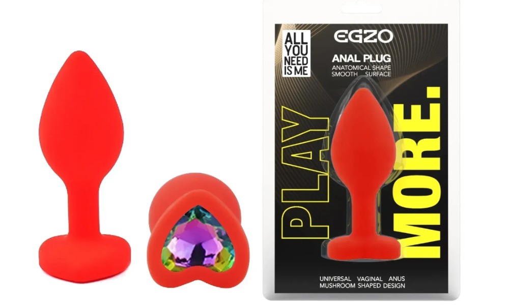 Силиконовая анальная пробка EGZO - Silicone Red Heart Plug Rainbow, size S - зображення 1