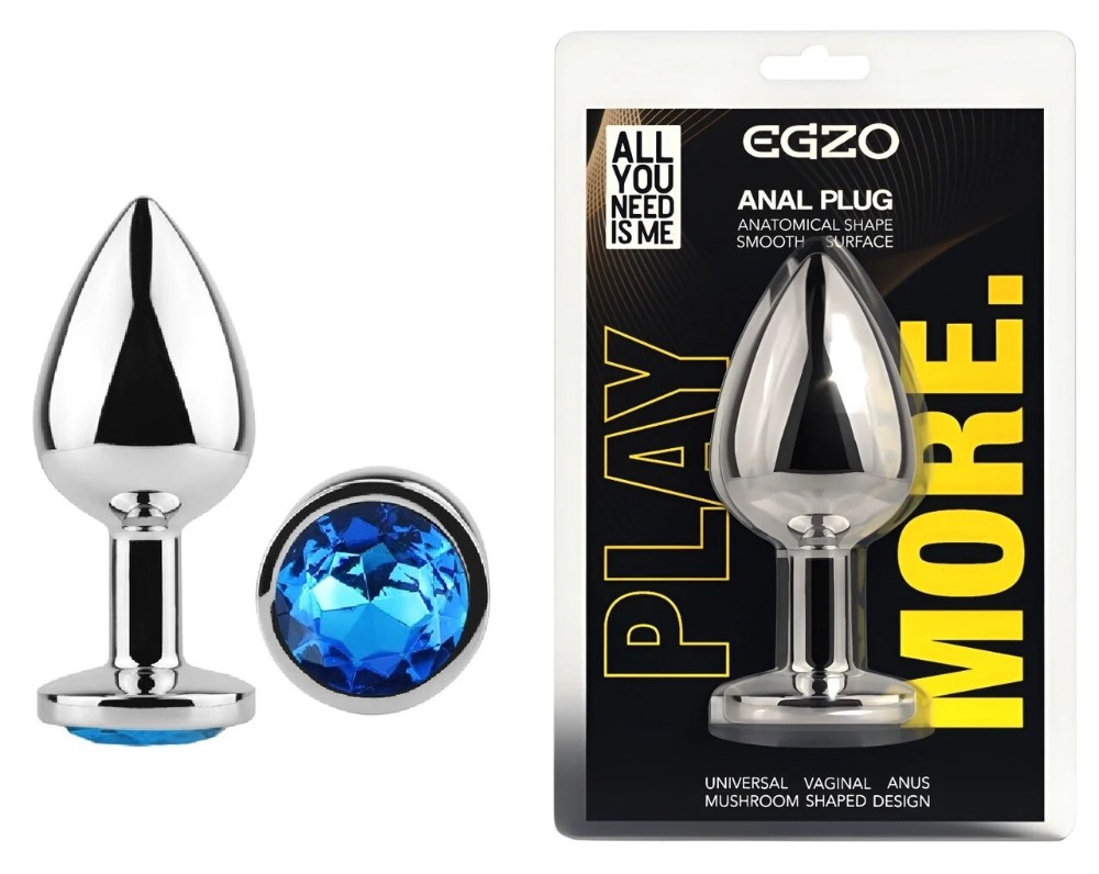 Анальная пробка EGZO Silver Round Plug S из медицинской стали с синим кристаллом - зображення 1