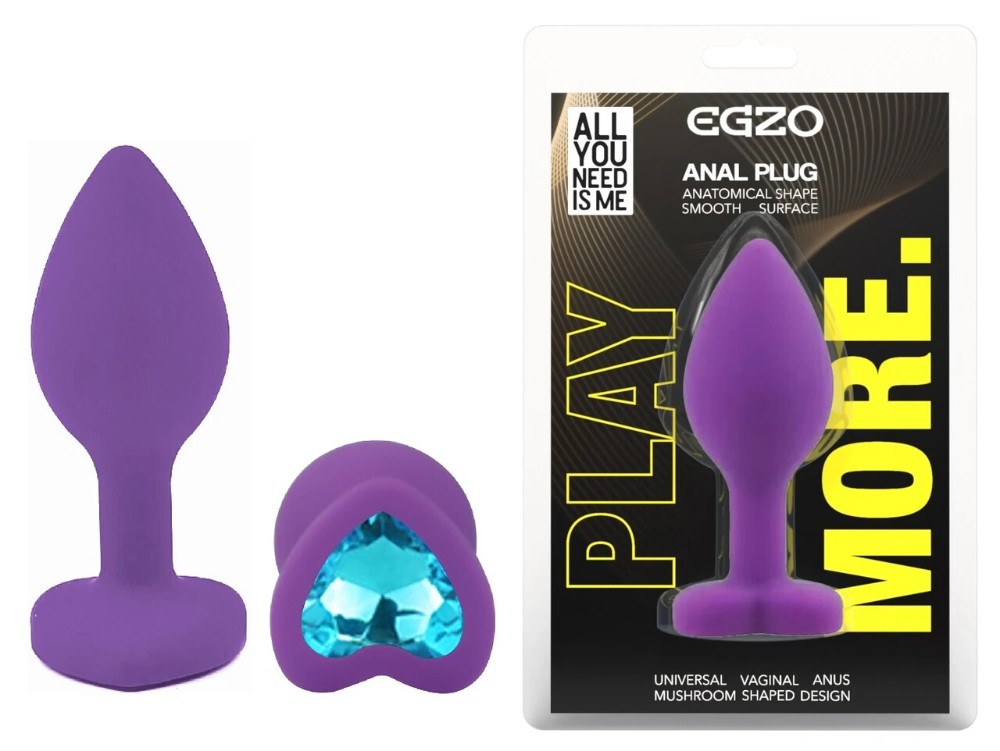 Анальная пробка EGZO Silicone Violet Heart Plug, размер S, фиолетовая с синим кристаллом - зображення 1