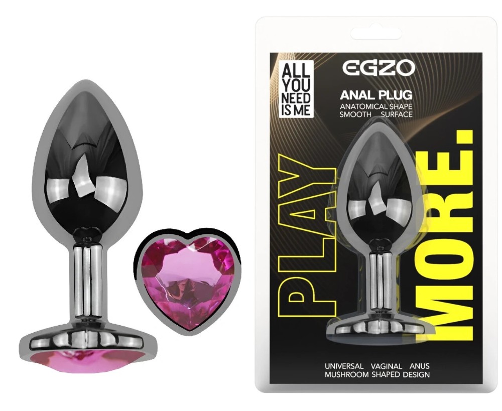Анальная пробка EGZO Dark Silver Heart Plug M, металлическая с кристаллом, анатомической формы - зображення 1