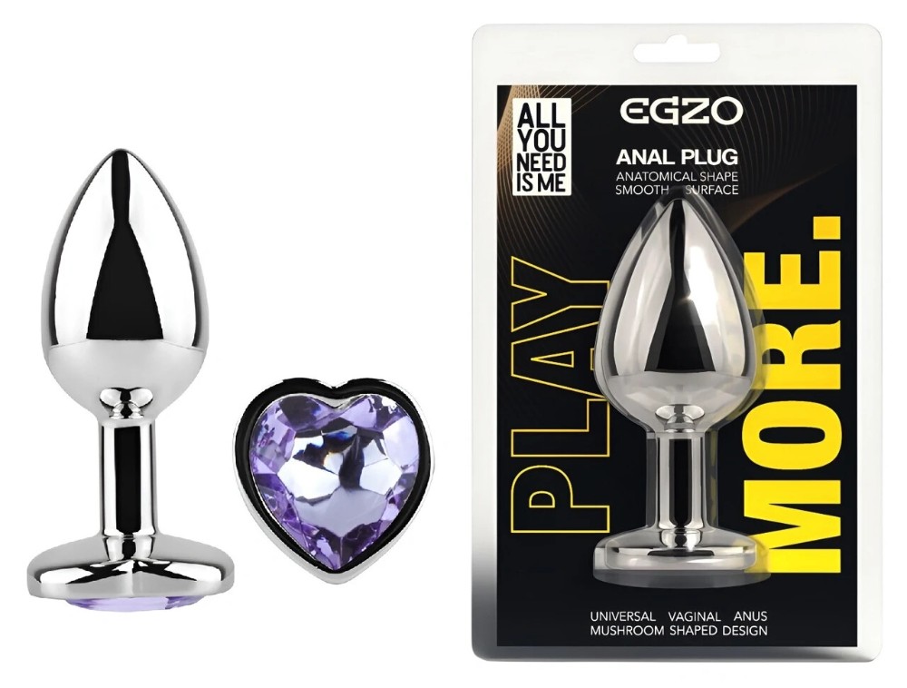 Анальная пробка EGZO Silver Heart Plug Amethyst M, серебристая, с фиолетовым аметистом - зображення 1