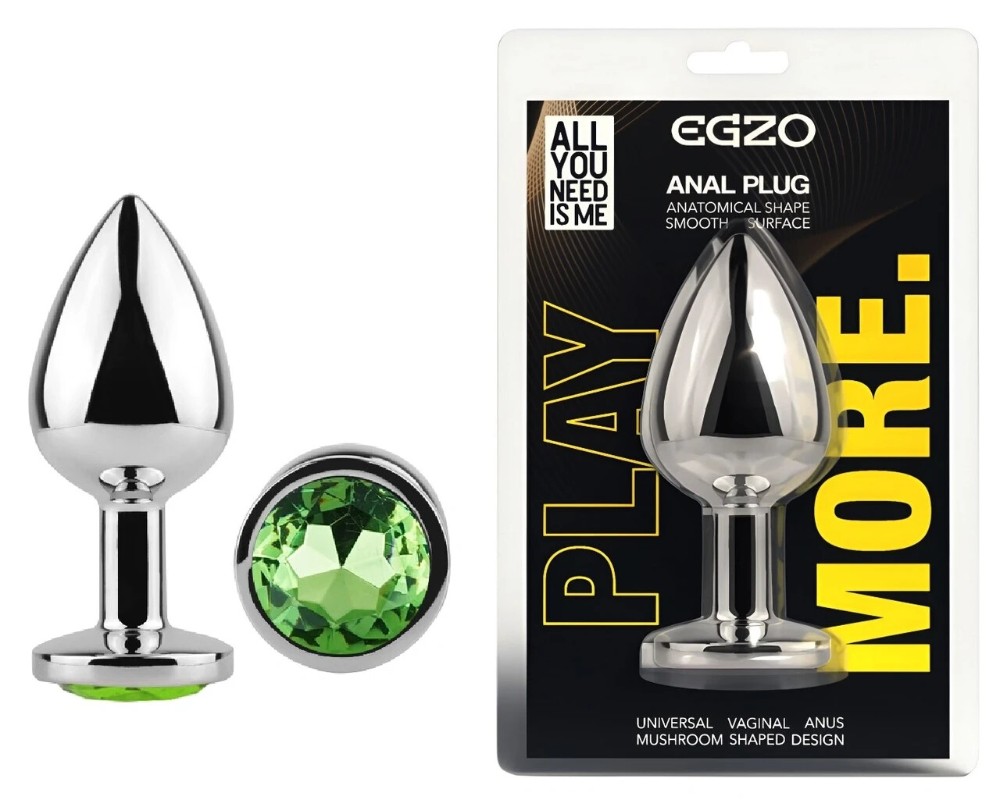Анальная пробка EGZO Silver Round Plug Green S, металлическая анатомическая с зелёным кристаллом - зображення 1