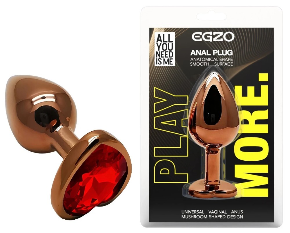 Анальная пробка EGZO Dark Gold Heart Plug S с красным кристаллом, металлическая - зображення 1